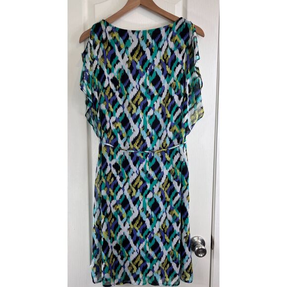 Merona Women's Multicolor Print Knee Length Dress Tie Belt Polyester Size L - Picture 3 of 12